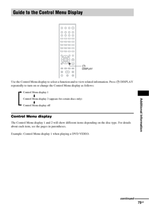 Page 79Additional Information
79GB
Use the Control Menu display to select a function and to view related information. Press   DISPLAY 
repeatedly to turn on or change the Control Menu display as follows:
Control Menu display
The Control Menu display 1 and 2 will show different items depending on the disc type. For details 
about each item, see the pages in parentheses.
Example: Control Menu display 1 when playing a DVD VIDEO.
Guide to the Control Menu Display
 
DISPLAY
Control Menu display 1
m
Control Menu...