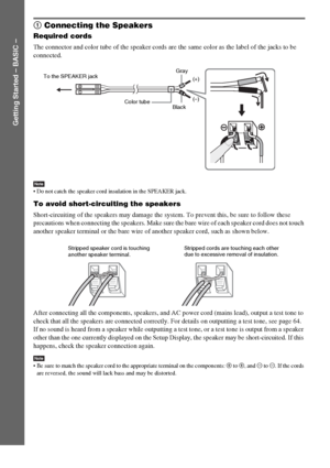 Page 1010GB
Getting Started – BASIC –
1 Connecting the Speakers
Required cords
The connector and color tube of the speaker cords are the same color as the label of the jacks to be 
connected.
Note Do not catch the speaker cord insulation in the SPEAKER jack.
To avoid short-circuiting the speakers
Short-circuiting of the speakers may damage the system. To prevent this, be sure to follow these 
precautions when connecting the speakers. Make sure the bare wire of each speaker cord does not touch 
another speaker...