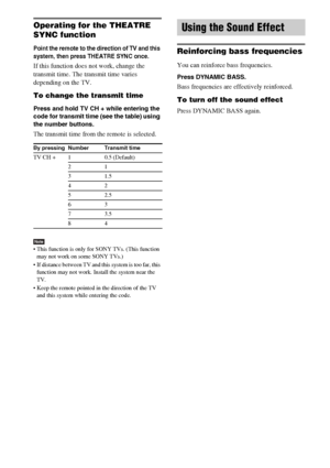 Page 5656GB
Operating for the THEATRE 
SYNC function
Point the remote to the direction of TV and this 
system, then press THEATRE SYNC once.
If this function does not work, change the 
transmit time. The transmit time varies 
depending on the TV.
To change the transmit time
Press and hold TV CH + while entering the 
code for transmit time (see the table) using 
the number buttons.
The transmit time from the remote is selected.
Note This function is only for SONY TVs. (This function 
may not work on some SONY...