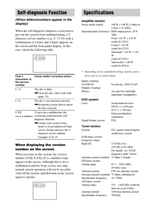 Page 7878GB
When the self-diagnosis function is activated to 
prevent the system from malfunctioning, a 5-
character service number (e.g., C 13 50) with a 
combination of a letter and 4 digits appears on 
the screen and the front panel display. In this 
case, check the following table.
When displaying the version 
number on the screen
When you turn on the system, the version 
number [VER.X.XX] (X is a number) may 
appear on the screen. Although this is not a 
malfunction and for Sony service use only, 
normal...