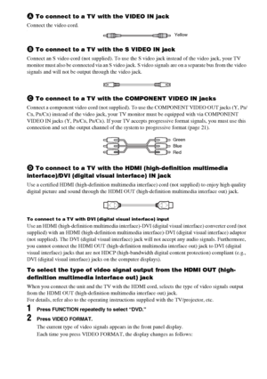 Page 20masterpage:Left
specdef v20061206 filename[E:\SS2007\Models\DS2KD\2895968E11\2895968E11DAVDZ250M\gb05gsa.fm]
 model name [DAV-DZ250M]
 [2-895-968-E1(1)]
20GB
A To connect to a TV with the VIDEO IN jack
Connect the video cord..
B To connect to a TV with the S VIDEO IN jack
Connect an S video cord (not supplied). To use the S video jack instead of the video jack, your TV 
monitor must also be connected via an S video jack. S video signals are on a separate bus from the video 
signals and will not be output...