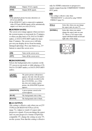 Page 72masterpage:Left
specdef v20061206 filename[E:\SS2007\Models\DS2KD\2895968E11\2895968E11DAVDZ250M\gb11adv.fm]
 model name [DAV-DZ250M]
 [2-895-968-E1(1)]
72GB
Note If the playback picture becomes distorted, set 
[YCBCR] to [RGB].
 If the HDMI OUT jack is connected to equipment 
with a DVI jack, [RGB] signals will be automatically 
output even when you select [YC
BCR].
x[SCREEN SAVER]
The screen saver image appears when you leave 
the system in pause or stop mode for 15 
minutes, 
or when you play back a...