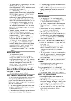 Page 80masterpage:Left
specdef v20061206 filename[E:\SS2007\Models\DS2KD\2895968E11\2895968E11DAVDZ250M\gb12add.fm]
 model name [DAV-DZ250M]
 [2-895-968-E1(1)]
80GB
 The unit is connected to an input device that is not 
HDCP (high-bandwidth digital content 
protection) compliant (“HDMI” on the front panel 
does not light up). See page 91.
 If the HDMI OUT jack is used for video output, 
changing the type of video signal output from the 
HDMI OUT jack by pressing VIDEO FORMAT 
may solve the problem (page 20)....