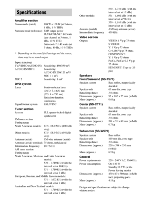 Page 84masterpage:Left
specdef v20061206 filename[E:\SS2007\Models\DS2KD\2895968E11\2895968E11DAVDZ250M\gb12add.fm]
 model name [DAV-DZ250M]
 [2-895-968-E1(1)]
84GB
Amplifier sectionStereo mode  (rated) 108 W + 108 W (at 3 ohms,
1 kHz, 1 % THD)
Surround mode (reference)  RMS output power
FL/FR/C/SL/SR*: 142 watts 
(per channel at 3 ohms, 1 
kHz, 10 % THD)
Subwoofer*: 140 watts (at 
3 ohms, 80 Hz, 10 % THD)
* Depending on the sound field settings and the source, 
there may be no sound output.
Inputs (Analog)...