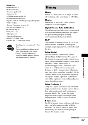 Page 85Additional Information
masterpage:Right
specdef v20061206 filename[E:\SS2007\Models\DS2KD\2895968E11\2895968E11DAVDZ250M\gb12add.fm]
 model name [DAV-DZ250M]
 [2-895-968-E1(1)]
85GB
Unpacking Front speakers (2)
 Center speaker (1)
 Surround speakers (2)
 Subwoofer (1)
 AM loop antenna (aerial) (1)
 FM wire antenna (aerial) (1)
 Speaker cords (6, red/white/green/gray/blue/purple) 
 Video Cord (1)
 Remote Commander (remote) (1)
 R6 (size AA) batteries (2)
 Calibration mic (1)
 Foot pads (1 set)
 Microphone...