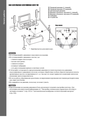 Page 1818RU
Начало работы
DAV-DZ570K/DAV-DZ570M/DAV-DZ571M
• Не устанавливайте динамики в наклонном положении.
• Не устанавливайте динамики в местах, где:
– слишком жарко или холодно;
– пыльно или грязно;
– слишком влажно;
– возникает вибрация;
– есть риск попадания прямых солнечных лучей.
• Соблюдайте осторожность при размещении динамиков и (или) подставок под динамики, 
подсоединенных к динамикам, на полах, которые обработаны особым образом (натертых воском, 
пропитанных маслом, полированных и т. д.), так как...