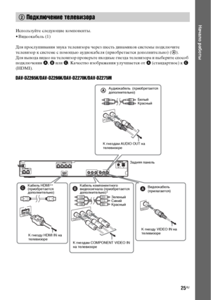 Page 2525RU
Начало работы
Используйте следующие компоненты.
• Видеокабель (1)
Для прослушивания звука телевизора через шесть динамиков системы подключите 
телевизор к системе с помощью аудиокабеля (приобретается дополнительно) (A).
Для вывода видео на телевизор проверьте входные гнезда телевизора и выберите способ 
подключения A, B или C. Качество изображения улучшается от A (стандартное) к C 
(HDMI).
DAV-DZ265K/DAV-DZ266K/DAV-DZ270K/DAV-DZ275M
2 Подключение телевизора
CENTER SUBWOOFERAUDIO IN PB/CBPR/CRY
L R...