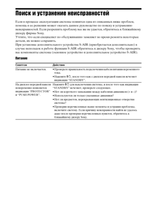 Page 122122RU
Поиск и устранение неисправностей
Если в процессе эксплуатации системы появится одна из описанных ниже проблем, 
помощь в ее решении может оказать данное руководство по поиску и устранению 
неисправностей. Если разрешить проблему все же не удается, обратитесь к ближайшему 
дилеру фирмы Sony.
Учтите, что если специалист по обслуживанию заменяет во время ремонта некоторые 
детали, их можно сохранить.
При установке дополнительного устройства S-AIR (приобретается дополнительно) в 
случае неполадок в...