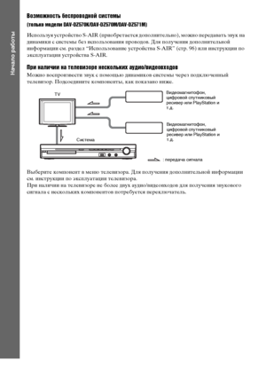 Page 3030RU
Начало работы
Возможность беспроводной системы
(только модели DAV-DZ570K/DAV-DZ570M/DAV-DZ571M)
Используя устройство S-AIR (приобретается дополнительно), можно передавать звук на 
динамики с системы без использования проводов. Для получения дополнительной 
информации см. раздел “Использование устройства S-AIR” (стр. 96) или инструкции по 
эксплуатации устройства S-AIR.
При наличии на телевизоре нескольких аудио/видеовходов
Можно воспроизвести звук с помощью динамиков системы через подключенный...