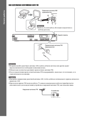 Page 3232RU
Начало работы
DAV-DZ570K/DAV-DZ570M/DAV-DZ571M
• Не располагайте рамочную антенну AM и кабель вблизи системы или других аудио/
видеокомпонентов во избежание появления помех.
• Обязательно полностью растяните проволочную антенну FM.
• После подключения проволочной антенны FM поддерживайте, насколько это возможно, ее в 
горизонтальном положении.
• Настройте направление рамочной антенны AM, чтобы добиться оптимального приема сигналов в 
диапазоне AM.
• При плохом приеме FM воспользуйтесь 75-омным...