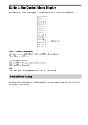 Page 112112GB
Guide to the Control Menu Display
You can use the Control Menu display to select a function and to view related information. 
Press  DISPLAY repeatedly.
Each time you press   DISPLAY, the Control Menu display changes:
1 t 2 t ... t 1 t ...
1 Control Menu display 1
2 Control Menu display 2 (appears when available)
3 Control Menu display off
Note The Control Menu Display appears during the “DVD” or “USB” function.
The Control Menu display 1 and 2 will show different items depending on the disc type....