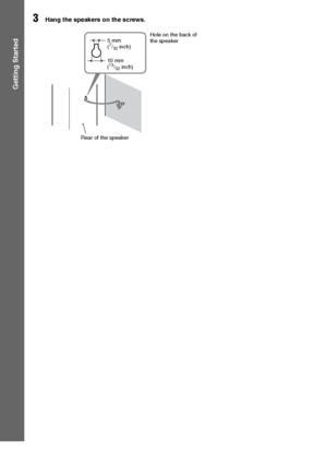 Page 1616GB
Getting Started
3Hang the speakers on the screws.
5 mm 
(7/32 inch)
10 mm
(
13/32 inch)Hole on the back of 
the speaker
Rear of the speaker
 