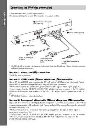 Page 1818GB
Getting Started
This connection sends a video signal to the TV.
Depending on the jacks on your TV, select the connection method.
* The HDMI cable is supplied with Singapore, Indonesian, Malaysian, Hong Kong, Filipino, Mexican, Argentine, 
and Latin American models only.
Method 1: Video cord (A) connection
This is the basic connection.
Method 2: HDMI* cable (B) and video cord (A) connection
If your TV has an HDMI jack, connect to the TV both with an HDMI cable and video cord. Picture 
quality will be...