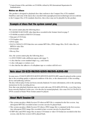 Page 66GB3)
A logical format of files and folders on CD-ROMs, defined by ISO (International Organization for 
Standardization).
Notes on discs
This product is designed to playback discs that conform to the Compact Disc (CD) standard.
DualDiscs and some of the music discs encoded with copyright protection technologies do not conform 
to the Compact Disc (CD) standard, therefore, these discs may not be playable by this product.
The system cannot play the following discs:
 CD-ROM/CD-R/CD-RW other than those...