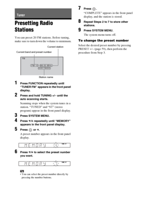 Page 5858GB
Presetting Radio 
Stations
You can preset 20 FM stations. Before tuning, 
make sure to turn down the volume to minimum.
1Press FUNCTION repeatedly until 
“TUNER FM” appears in the front panel 
display.
2Press and hold TUNING +/– until the 
auto scanning starts.
Scanning stops when the system tunes in a 
station. “TUNED” and “ST” (stereo 
program) appear in the front panel display.
3Press SYSTEM MENU.
4Press X/x repeatedly until “MEMORY” 
appears in the front panel display.
5Press  or c.
A preset...