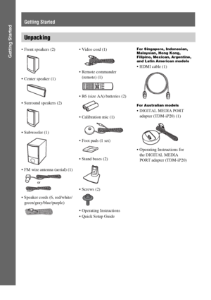 Page 88GB
Getting Started
Getting Started
Unpacking
 Front speakers (2)
 Center speaker (1)
 Surround speakers (2)
 Subwoofer (1)
 FM wire antenna (aerial) (1)
 Speaker cords (6, red/white/
green/gray/blue/purple)
 Remote commander 
(remote) (1)
 R6 (size AA) batteries (2)
 Calibration mic (1)
 Foot pads (1 set)
 Stand bases (2)
 Screws (2)
 Operating Instructions
 Quick Setup GuideFor Singapore, Indonesian, 
Malaysian, Hong Kong, 
Filipino, Mexican, Argentine, 
and Latin American models
 HDMI cable (1)
For...