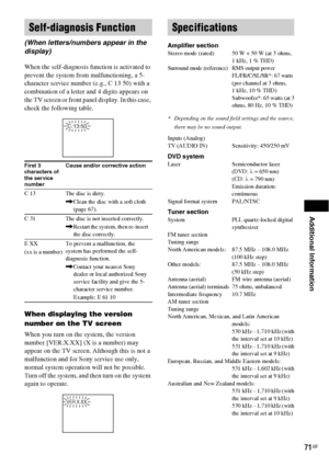 Page 71Additional Information
71GB
When the self-diagnosis function is activated to 
prevent the system from malfunctioning, a 5-
character service number (e.g., C 13 50) with a 
combination of a letter and 4 digits appears on 
the TV screen or front panel display. In this case, 
check the following table.
When displaying the version 
number on the TV screen
When you turn on the system, the version 
number [VER.X.XX] (X is a number) may 
appear on the TV screen. Although this is not a 
malfunction and for Sony...