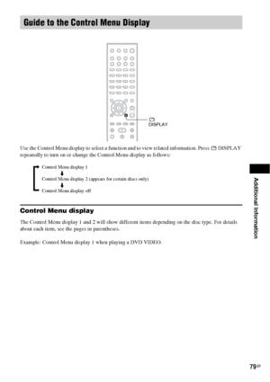 Page 79Additional Information
79GB
Use the Control Menu display to select a function and to view related information. Press   DISPLAY 
repeatedly to turn on or change the Control Menu display as follows:
Control Menu display
The Control Menu display 1 and 2 will show different items depending on the disc type. For details 
about each item, see the pages in parentheses.
Example: Control Menu display 1 when playing a DVD VIDEO.
Guide to the Control Menu Display
 
DISPLAY
Control Menu display 1
m
Control Menu...