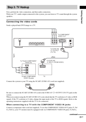 Page 21Getting Started
21GB
First, perform the video connection, and then audio connection.
With your TV’s audio output connected to this system, you can listen to TV sound through the system 
speakers.
Connecting the video cords
Sends a played back DVD image to a TV.
Connect the system to your TV using the SCART (EURO AV) cord (not supplied). 
Be sure to connect the SCART (EURO AV) cord to the EURO AV T OUTPUT (TO TV) jack on the 
system.
When you connect using the SCART (EURO AV) cord, check that the TV...