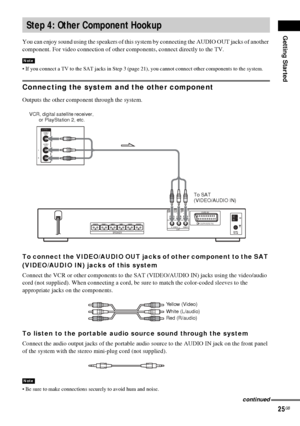 Page 25Getting Started
25GB
 
You can enjoy sound using the speakers of this system by connecting the AUDIO OUT jacks of another 
component. For video connection of other components, connect directly to the TV.
 If you connect a TV to the SAT jacks in Step 3 (page 21), you cannot connect other components to the system.
Connecting the system and the other component
Outputs the other component through the system.
To connect the VIDEO/AUDIO OUT jacks of other component to the SAT 
(VIDEO/AUDIO IN) jacks of this...