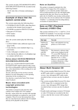 Page 77GB
The system can play DVD-ROMs/DVD+RWs/
DVD-RWs/DVD+Rs/DVD-Rs recorded in the 
following formats:
– DivX video files of format conforming to 
UDF.
Example of discs that the 
system cannot play
The system cannot play the following discs:
 CD-ROMs/CD-Rs/CD-RWs other than those 
recorded in the formats listed on page 6
 CD-ROMs recorded in PHOTO CD format
 Data part of CD-Extras
 DVD Audios
 DVD-RAMs
Also, the system cannot play the following 
discs:
 A DVD VIDEO with a different region code 
(page...