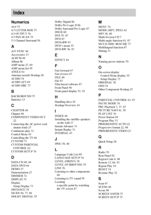 Page 9696GB
Numerics
16:9 75
4:3 LETTER BOX 75
4:3 OUTPUT 76
4:3 PAN SCAN 75
5.1 Channel Surround 56
A
A/V SYNC 46
Accessories 13
ALBUM 48
Album 86
AMP menu 27, 69
AMP menu list 95
ANGLE 61
Antenna (aerial) Hookup 20
AUDIO 74
AUDIO ATT 69
AUDIO DRC 77
B
BACKGROUND 75
Batteries 13
C
CHAPTER 48
Chapter 86
COMPONENT VIDEO OUT 
22
Connecting the AC power cord 
(mains lead) 27
Continuous play 31
Control Menu 10
Controlling the TV 66
CUSTOM 73
CUSTOM PARENTAL 
CONTROL 62
CUSTOM SETUP 76
D
DATA CD 40, 44
DATA DV D 4...