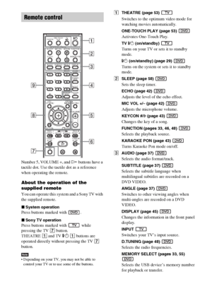 Page 1414GB
Number 5, VOLUME +, and H buttons have a 
tactile dot. Use the tactile dot as a reference 
when operating the remote.
About the operation of the 
supplied remote
You can operate this system and a Sony TV with 
the supplied remote.
xSystem operation
Press buttons marked with  .
xSony TV operation
Press buttons marked with   while 
pressing the TV 7 button.
THEATRE 1 and TV "/1 1 buttons are 
operated directly without pressing the TV 7 
button.
Note Depending on your TV, you may not be able to...