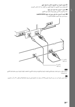 Page 143ءﺪﺒﻟا
26AR
يﻮﻠﻋ زﺎﻬﺟ/ﻚﺑ صﺎﺨﻟا نﻮﻳﺰﻔﻠﺘﻟا ﻦﻣ تﻮﺼﻟا ﻞﻴﺻﻮﺗ 2
.ﻞﻴﺻﻮﺘﻟا ﺐﻴﻟﺎﺳأ ﺪﺣأ دﺪﺣ ،مﺎﻈﻨﻟا ﱪﻋ يﻮﻠﻌﻟا زﺎﻬﺠﻟا وأ نﻮﻳﺰﻔﻠﺘﻟا تﻮﺻ ﱃإ عماﺘﺳﻼﻟ
(ﻖﻓﺮﻣ يرﻏ) تﻮﺼﻟا ﻚﻠﺳ ﻞﻴﺻﻮﺗ :1 بﻮﻠﺳﻷا x
.جﻮﻟﺎﻧأ تﻮﺻ ةرﺎﺷإ لﺎﺳرﺈﺑ مﻮﻘﻳو ﳼﺎﺳﻷا ﻞﻴﺻﻮﺘﻟا ﻮﻫ اﺬﻫ
(ﻂﻘﻓDAV-DZ610) (ﻖﻓﺮﻣ يرﻏ) يﴫﺑ ﻲﻤﻗر ﻚﻠﺳ ﻞﻴﺻﻮﺗ :2 بﻮﻠﺳﻷا x
.1 بﻮﻠﺳﻷﺎﺑ ﺔﻧرﺎﻘﳌﺎﺑ تﻮﺼﻟا ةدﻮﺟ ينﺴﺤﺗ ﻢﺘﻴﺳ
DIGITAL OUTOPTICAL
AUDIO OUTR
L
DIGITAL
IN
OPTICAL
TV
AUDIO IN L RTV
 2 بﻮﻠﺳﻷا
(ﻖﻓﺮﻣ يرﻏ) 
1 بﻮﻠﺳﻷا
(ﻖﻓﺮﻣ يرﻏ)
جﻮﻟﺎﻧﻷا ةرﺎﺷإ ﺔﺠﻟﺎﻌﻣ ﻢﺘﻴﺴﻓ ،ﺔﻴﻤﻗﺮﻟا ةرﺎﺷﻹا ﺖﻌﻄﻘﻧا اذإ .جﻮﻟﺎﻧﻷا تارﺎﺷإ ﲆﻋ...