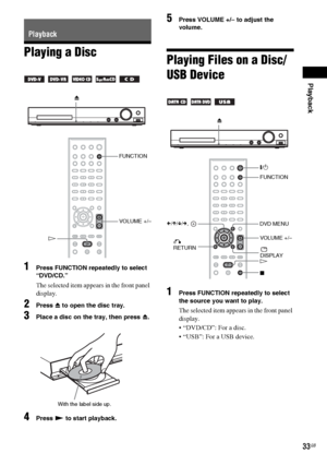 Page 33Playback
33GB
Playing a Disc
1Press FUNCTION repeatedly to select 
“DVD/CD.”
The selected item appears in the front panel 
display.
2Press Z to open the disc tray.
3Place a disc on the tray, then press Z.
4Press N to start playback.
5Press VOLUME +/– to adjust the 
volume.
Playing Files on a Disc/
USB Device
1Press FUNCTION repeatedly to select 
the source you want to play.
The selected item appears in the front panel 
display.
 “DVD/CD”: For a disc.
 “USB”: For a USB device.
Playback
    
Z
FUNCTION...