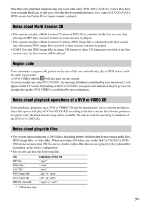 Page 77GB
Note that some playback functions may not work with some DVD+RWs/DVD+Rs, even if they have 
been correctly finalized. In this case, view the disc by normal playback. Also some DATA CDs/DATA 
DVDs created in Packet Write format cannot be played.
 This system can play a Multi Session CD when an MP3 file is contained in the first session. Any 
subsequent MP3 files recorded in later sessions can also be played.
 This system can play a Multi Session CD when a JPEG image file is contained in the first...