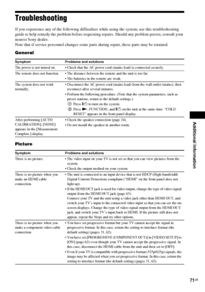 Page 71Additional Information
71GB
Troubleshooting
If you experience any of the following difficulties while using the system, use this troubleshooting 
guide to help remedy the problem before requesting repairs. Should any problem persist, consult your 
nearest Sony dealer.
Note that if service personnel changes some parts during repair, these parts may be retained.
General
Picture
Symptom Problems and solutions
The power is not turned on.  Check that the AC power cord (mains lead) is connected securely.
The...