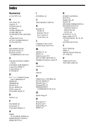 Page 8282GB
Index
Numerics
4:3 OUTPUT 62
A
A/V SYNC 58
ANGLE 37
AT T E N U AT E  5 9
AUDIO 62
AUDIO (HDMI) 64
AUDIO DRC 66
AUDIO RETURN CHANNEL 
64
AUDIO SETUP 64
AUTO CALIBRATION 65
AUTO ST BY 60
B
BACKGROUND 66
BLACK LEVEL 63
BLACK LEVEL 
(COMPONENT OUT) 63
C
COLOR SYSTEM (VIDEO 
CD) 63
CONTROL FOR HDMI 63
Control for HDMI 53
Control Menu 17
CUSTOM 61
D
D. C. A. C. (Digital Cinema 
Auto Calibration) 65
DEMO 60
DIMMER 60
DivX® 8, 67
DUAL MONO 58
DVD’s menu 38
DYNA MIC BASS  52
E
EFFECT 41
F
FM MODE 48
Front...