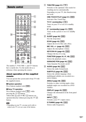 Page 1313GB
The number 5, VOLUME +, and H buttons 
have a tactile dot. Use the tactile dot as a 
reference when operating the remote.
About operation of the supplied 
remote
You can operate this system and a Sony TV with 
the supplied remote.
xSystem operation
Press buttons marked with  .
xSony TV operation
Press buttons marked with   while 
pressing the TV 7 button.
THEATRE 1 and TV "/1 1 buttons are 
operated directly without pressing the TV 7 
button.
Note Depending on your TV, you may not be able to...