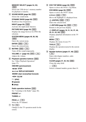 Page 1414GB
MEMORY SELECT (pages 34, 53) 
Selects the USB device’s memory number 
for playback or transfer.
DSOUND MODE (page 50) 
Selects the sound mode.
DYNAMIC BASS (page 50) 
Reinforces bass frequencies.
NIGHT (page 50) 
Activates the night mode function.
PICTURE NAVI (page 35) 
Displays the image browser for JPEG file 
selection.
SYSTEM MENU (pages 48, 56, 58) 
Enters the system menu.
ENTER  
Enters the selected item.
EMUTING  
Turns off the sound temporarily.
VOLUME +/– (page 34)  
Adjusts the volume....