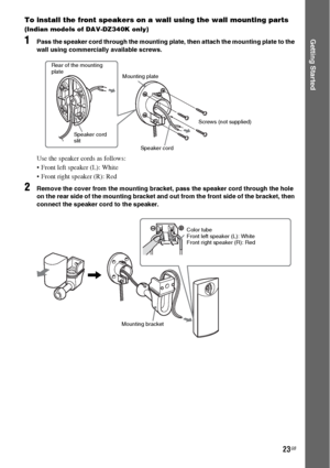 Page 2323GB
Getting Started
To install the front speakers on a wall using the wall mounting parts
(Indian models of DAV-DZ340K only)
1Pass the speaker cord through the mounting plate, then attach the mounting plate to the 
wall using commercially available screws.
Use the speaker cords as follows:
 Front left speaker (L): White
 Front right speaker (R): Red
2Remove the cover from the mounting bracket, pass the speaker cord through the hole 
on the rear side of the mounting bracket and out from the front side of...