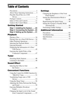 Page 44GB
Table of Contents
Precautions .............................................. 2
About These Operating Instructions ....... 3
Playable Discs/Files on a USB 
Device ............................................... 5
Package Contents .................................... 9
Index to Parts and Controls ................... 11
Guide to the Control Menu ................... 16
Getting Started
Step 1: Installing the System ....... 20
Step 2: Connecting the System ... 25
Step 3: Setting up the System ..... 31...