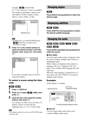 Page 3838GB
Example:  [CHAPTER]
[** (**)] is selected (** refers to a number).
The number in parentheses indicates the 
total number of titles, chapters, tracks, 
indexes, scenes, folders, or files.
Note If [MEDIA] is set to [MUSIC/PHOTO] and 
 [FILE] does not appear, press 
DISPLAY again.
3Press X/x or the number buttons to 
select the desired number of the title, 
chapter, track, scene, etc., then press 
.
If you make a mistake, press CLEAR to 
cancel the number.
To select a scene using the time 
code...