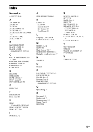 Page 7979GB
Index
Numerics
4:3 OUTPUT 60
A
A/V SYNC 56
ANGLE 38
AUDIO 60
AUDIO (HDMI) 62
AUDIO DRC 62
AUDIO RETURN CHANNEL 
62
AUDIO SETUP 62
AUTO.ST BY 58
B
BACKGROUND 63
BLACK LEVEL 61
BLACK LEVEL 
(COMPONENT OUT) 61
C
COLOR SYSTEM (VIDEO 
CD) 61
CONTROL FOR HDMI 62
Control for HDMI 51
Control Menu 16
CUSTOM 59
D
DEMO 58
DIMMER 58
DUAL MONO 57
DVD’s menu 39
DYNA MIC BASS  50
E
EFFECT 42
F
FM MODE 48
Front panel 11
H
HDMI
YCBCR/RGB (HDMI) 62
HDMI RESOLUTION 61
HDMI SETUP 61
I
INTERVAL 42
J
JPEG RESOLUTION 62...