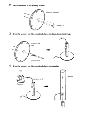 Page 1616GB
2Secure the base to the post by screws.
3Draw the speaker cord through the hole on the base, then stand it up.
4Draw the speaker cord through the hole on the speaker.
Screws (3) Bottom of the base
Speaker cord Bottom of the 
base
,
Speaker cord
Speaker
,
Hole
Speaker
 