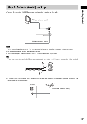 Page 23Getting Started
23GB
Connect the supplied AM/FM antennas (aerials) for listening to the radio.
 To prevent noise pickup, keep the AM loop antenna (aerial) away from the system and other components.
 Be sure to fully extend the FM wire antenna (aerial).
 After connecting the FM wire antenna (aerial), keep it as horizontal as possible.
 When you connect the supplied AM loop antenna (aerial), cord (A) or cord (B) can be connected to either terminal.
 If you have poor FM reception, use a 75-ohms coaxial...