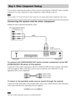 Page 2828GB
 
You can enjoy sound using the speakers of this system by connecting the AUDIO OUT jacks of another 
component. For video connection of other components, connect directly to the TV.
 If you connect a TV to the SAT jacks in Step 3 (page 24), you cannot connect other components to the system.
Connecting the system and the other component
Outputs the other component through the system.
To connect the VIDEO/AUDIO OUT jacks of other component to the SAT 
(VIDEO/AUDIO IN) jacks of this system
Connect...