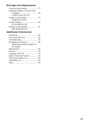 Page 55GB
Settings and Adjustments
Using the Setup Display........................ 77
Setting the Display or Sound Track 
Language ........................................ 78
[LANGUAGE SETUP]
Settings for the Display......................... 79
[SCREEN SETUP]
Custom Settings .................................... 80
[CUSTOM SETUP]
Settings for the Speakers....................... 81
[SPEAKER SETUP]
Additional Information
Precautions ............................................ 84
Notes about the...