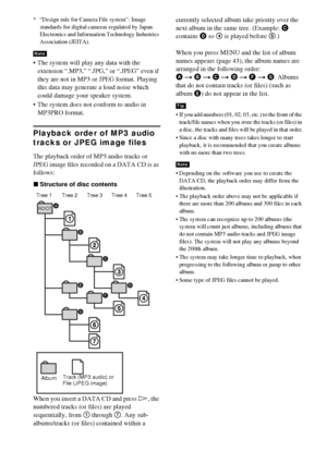 Page 4242GB
* “Design rule for Camera File system”: Image 
standards for digital cameras regulated by Japan 
Electronics and Information Technology Industries 
Association (JEITA).
 The system will play any data with the 
extension “.MP3,” “.JPG,” or “.JPEG” even if 
they are not in MP3 or JPEG format. Playing 
this data may generate a loud noise which 
could damage your speaker system.
 The system does not conform to audio in 
MP3PRO format.
Playback order of MP3 audio 
tracks or JPEG image files
The...