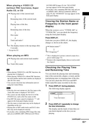 Page 55Playing Discs
55GB
When playing a VIDEO CD 
(without PBC functions), Super 
Audio CD, or CD
When playing an MP3
 When playing VIDEO CDs with PBC functions, the 
playing time is displayed.
 When playing VIDEO CDs without PBC functions, 
the track number and the index number are displayed 
after the Disc name.
 You can also check the time information and text 
using the Control Menu.
 If the disc does not contain text, the Disc name or the 
Track (file) name is displayed “NO TEXT.” 
 The system can...