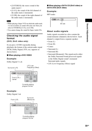 Page 59Sound Adjustments
59GB
 [2:STEREO]: the stereo sound of the 
audio track 2
 [2:1/L]: the sound of the left channel of 
the audio track 2 (monaural)
 [2:2/R]: the sound of the right channel of 
the audio track 2 (monaural)
 While playing a Super VCD on which the audio track 
2 is not recorded, no sound will come out when you 
select [2:STEREO], [2:1/L], or [2:2/R].
 You cannot change the sound for Super Audio CDs.
Checking the audio signal 
format
(DVD, DivX video only)
If you press AUDIO repeatedly...