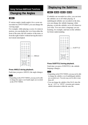 Page 6464GB
If various angles (multi-angles) for a scene are 
recorded on a DVD VIDEO, you can change the 
viewing angle.
For example, while playing a scene of a train in 
motion, you can display the view from either the 
front of the train, the left window of the train, or 
from the right window without having the train’s 
movement interrupted.
Press ANGLE during playback.
Each time you press ANGLE, the angle changes.
 Depending on the DVD VIDEO, you may not be able 
to change the angle even if multi-angles...