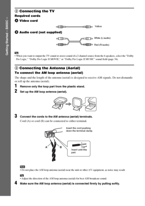 Page 1616GB
Getting Started – BASIC –
2 Connecting the TV
Required cords
A Video cord.
B Audio cord (not supplied)
Tip When you want to output the TV sound or stereo sound of a 2 channel source from the 6 speakers, select the “Dolby 
Pro Logic,” “Dolby Pro Logic II MOVIE,” or “Dolby Pro Logic II MUSIC” sound field (page 34).
3 Connecting the Antenna (Aerial)
To connect the AM loop antenna (aerial)
The shape and the length of the antenna (aerial) is designed to receive AM signals. Do not dismantle 
or roll up...