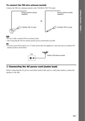 Page 1717GB
Getting Started – BASIC –
To connect the FM wire antenna (aerial)
Connect the FM wire antenna (aerial) to the COAXIAL FM 75 Ω  jack.
Note Be sure to fully extend the FM wire antenna (aerial).
 After connecting the FM wire antenna (aerial), keep it as horizontal as possible.
Tip If you have poor FM reception, use a 75-ohm coaxial cable (not supplied) to connect the unit to an outdoor FM 
antenna (aerial) as shown below.
4 Connecting the AC power cord (mains lead)
Before connecting the AC power cord...