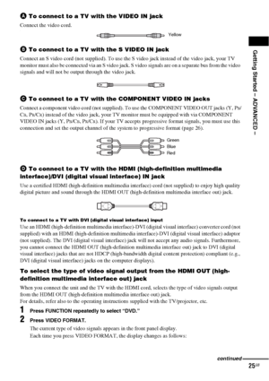 Page 25Getting Started – ADVANCED –
25GB
A To connect to a TV with the VIDEO IN jack
Connect the video cord..
B To connect to a TV with the S VIDEO IN jack
Connect an S video cord (not supplied). To use the S video jack instead of the video jack, your TV 
monitor must also be connected via an S video jack. S video signals are on a separate bus from the video 
signals and will not be output through the video jack.
C To connect to a TV with the COMPONENT VIDEO IN jacks
Connect a component video cord (not...