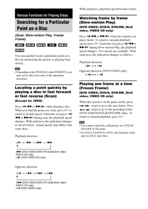 Page 3636GB
You can quickly locate a particular point on a 
disc by monitoring the picture or playing back 
slowly.
Note Depending on the DVD/DivX video/VIDEO CD, you 
may not be able to do some of the operations 
described.
Locating a point quickly by 
playing a disc in fast forward 
or fast reverse (Scan)
(Except for JPEG)
Press /m or M/  while playing a disc. 
When you find the point you want, press H to 
return to normal speed. Each time you press  /
m or M/  during scan, the playback speed 
changes. With...